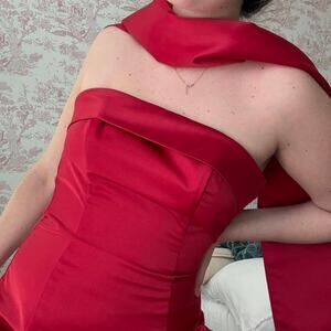 Urban Girl Nites Red Strapless Satin Gown with Scarf Detail 7/8